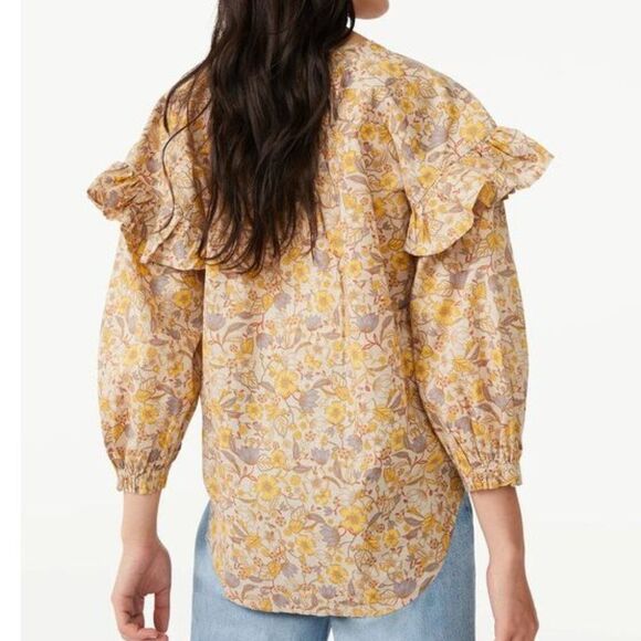 Free Assembly Women's Ruffle Blouse Large Yellow Beige Ruffle Sleeve Peasant - Picture 3 of 8